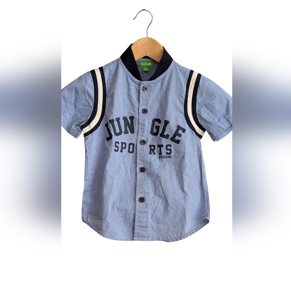 Boss Light Blue Button-Front 'Jungle Sports' Kids Shirt with Navy & White Trim
